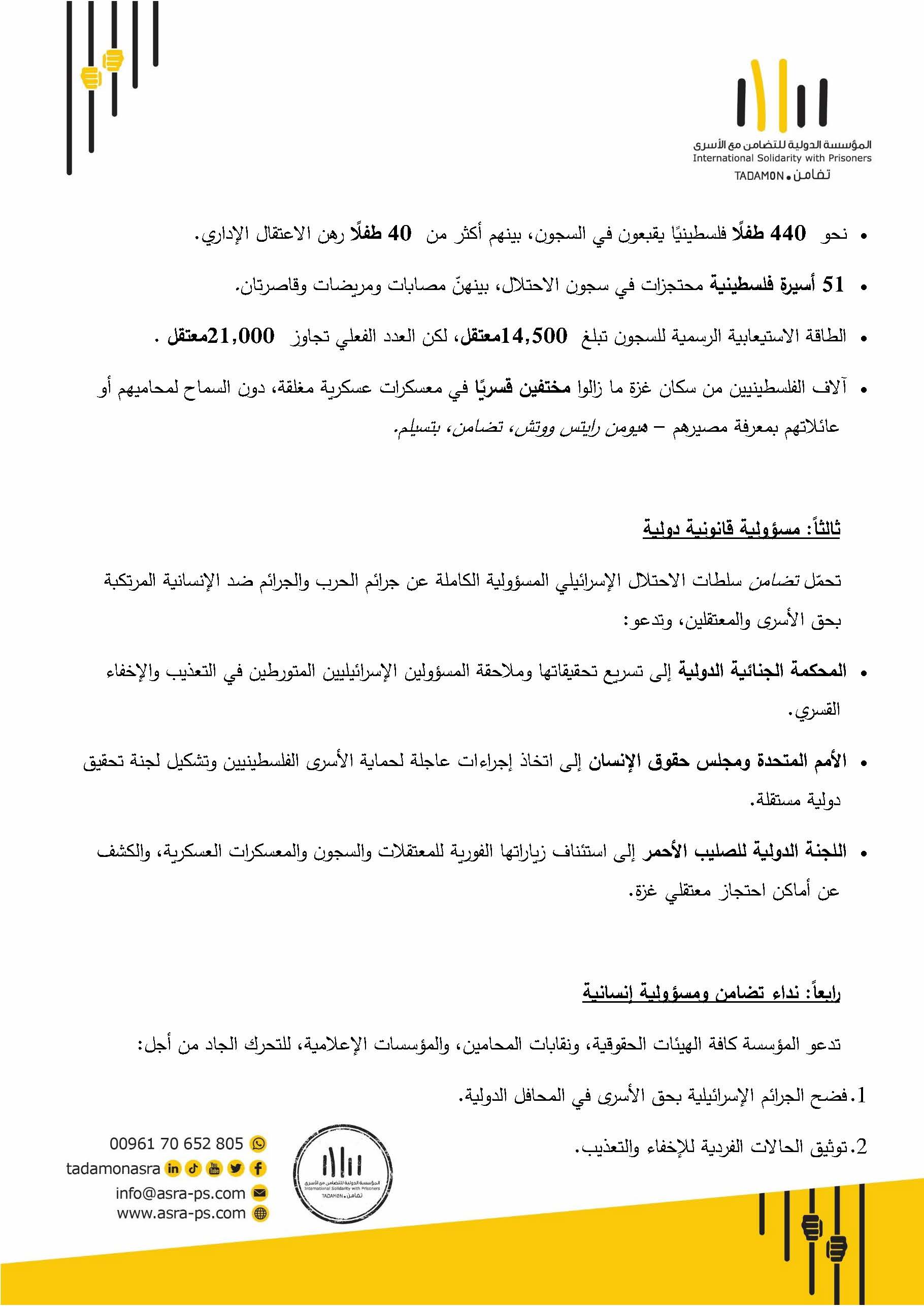 بمناسبة الذكرى الثانية لحرب الإبادة على غزة صادر عن المؤسسة الدولية للتضامن مع الأسرى الفلسطينيين (تضامن)